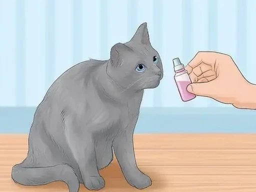 A gray cat sits on a wooden floor while a hand holds a small bottle of sedative near its mouth. The background features a light blue wall with vertical stripes. The cat looks up attentively as the medication is offered.